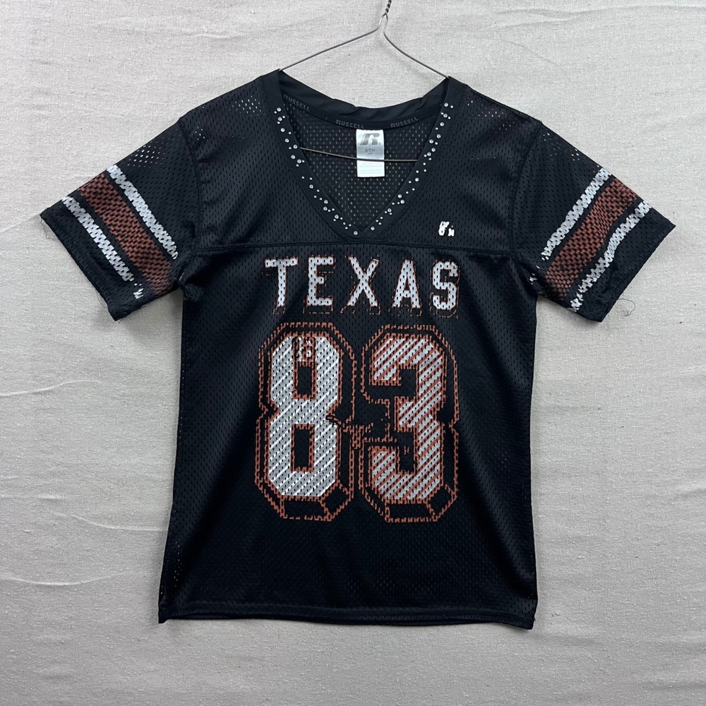 Russell Athletic Texas 83 Black Mesh Rhinestone V-Neck Jersey Top Womens Small